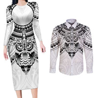 New Zealand Morepork Couples Matching Long Sleeve Bodycon Dress and Long Sleeve Button Shirt Maori Pattern White