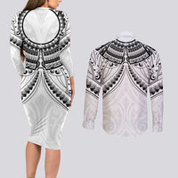 New Zealand Morepork Couples Matching Long Sleeve Bodycon Dress and Long Sleeve Button Shirt Maori Pattern White