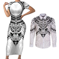New Zealand Morepork Couples Matching Short Sleeve Bodycon Dress and Long Sleeve Button Shirt Maori Pattern White