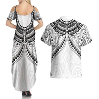 New Zealand Morepork Couples Matching Summer Maxi Dress and Hawaiian Shirt Maori Pattern White