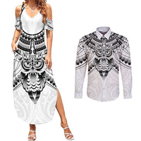 New Zealand Morepork Couples Matching Summer Maxi Dress and Long Sleeve Button Shirt Maori Pattern White
