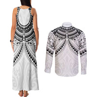 New Zealand Morepork Couples Matching Tank Maxi Dress and Long Sleeve Button Shirt Maori Pattern White