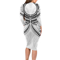 New Zealand Morepork Long Sleeve Bodycon Dress Maori Pattern White