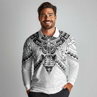 New Zealand Morepork Long Sleeve Polo Shirt Maori Pattern White