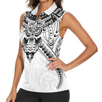 New Zealand Morepork Women Sleeveless Polo Shirt Maori Pattern White