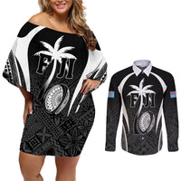 Custom Fiji Rugby Couples Matching Off Shoulder Short Dress and Long Sleeve Button Shirt Fijian Warrior Black LT05 Black - Polynesian Pride