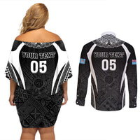 Custom Fiji Rugby Couples Matching Off Shoulder Short Dress and Long Sleeve Button Shirt Fijian Warrior Black LT05 - Polynesian Pride