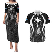 Custom Fiji Rugby Couples Matching Puletasi and Hawaiian Shirt Fijian Warrior Black LT05 Black - Polynesian Pride