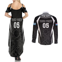 Custom Fiji Rugby Couples Matching Summer Maxi Dress and Long Sleeve Button Shirt Fijian Warrior Black LT05 - Polynesian Pride