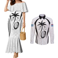 Custom Fiji Rugby Couples Matching Mermaid Dress and Long Sleeve Button Shirt Fijian Warrior White LT05 White - Polynesian Pride