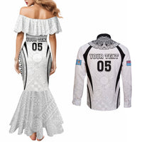 Custom Fiji Rugby Couples Matching Mermaid Dress and Long Sleeve Button Shirt Fijian Warrior White LT05 - Polynesian Pride