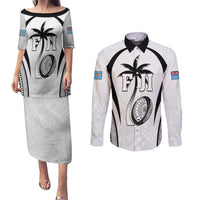 Custom Fiji Rugby Couples Matching Puletasi and Long Sleeve Button Shirt Fijian Warrior White LT05 White - Polynesian Pride