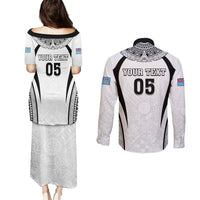 Custom Fiji Rugby Couples Matching Puletasi and Long Sleeve Button Shirt Fijian Warrior White LT05 - Polynesian Pride