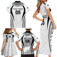 Custom Fiji Rugby Family Matching Short Sleeve Bodycon Dress and Hawaiian Shirt Fijian Warrior White