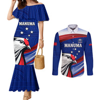 Custom Samoa Rugby Couples Matching Mermaid Dress and Long Sleeve Button Shirt Manuma Ptilinopus Perousii LT05 Blue - Polynesian Pride
