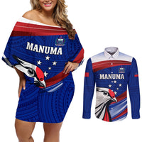 Custom Samoa Rugby Couples Matching Off Shoulder Short Dress and Long Sleeve Button Shirt Manuma Ptilinopus Perousii LT05 Blue - Polynesian Pride