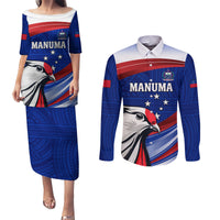 Custom Samoa Rugby Couples Matching Puletasi and Long Sleeve Button Shirt Manuma Ptilinopus Perousii LT05 Blue - Polynesian Pride