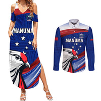 Custom Samoa Rugby Couples Matching Summer Maxi Dress and Long Sleeve Button Shirt Manuma Ptilinopus Perousii LT05 Blue - Polynesian Pride