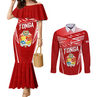 Custom Tonga Rugby Couples Matching Mermaid Dress and Long Sleeve Button Shirt Kupesi Ngatu Pattern LT05 Red - Polynesian Pride