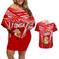 Custom Tonga Rugby Couples Matching Off Shoulder Short Dress and Hawaiian Shirt Kupesi Ngatu Pattern LT05 Red - Polynesian Pride