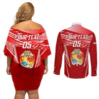 Custom Tonga Rugby Couples Matching Off Shoulder Short Dress and Long Sleeve Button Shirt Kupesi Ngatu Pattern LT05 - Polynesian Pride