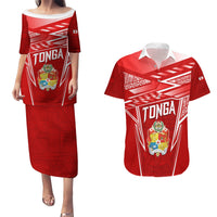 Custom Tonga Rugby Couples Matching Puletasi and Hawaiian Shirt Kupesi Ngatu Pattern LT05 Red - Polynesian Pride