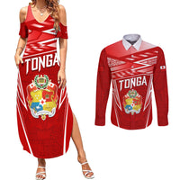 Custom Tonga Rugby Couples Matching Summer Maxi Dress and Long Sleeve Button Shirt Kupesi Ngatu Pattern LT05 Red - Polynesian Pride