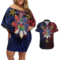 Haiti Philippines Couples Matching Off Shoulder Short Dress and Hawaiian Shirt Haitian Coat Of Arms With Filipino Sun