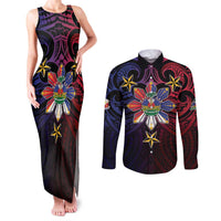 Haiti Philippines Couples Matching Tank Maxi Dress and Long Sleeve Button Shirt Haitian Coat Of Arms With Filipino Sun