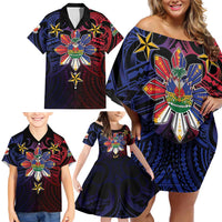 Haiti Philippines Family Matching Off Shoulder Short Dress and Hawaiian Shirt Haitian Coat Of Arms With Filipino Sun