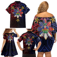 Haiti Philippines Family Matching Off Shoulder Short Dress and Hawaiian Shirt Haitian Coat Of Arms With Filipino Sun