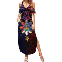 Haiti Philippines Family Matching Summer Maxi Dress and Hawaiian Shirt Haitian Coat Of Arms With Filipino Sun