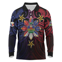 Haiti Philippines Long Sleeve Polo Shirt Haitian Coat Of Arms With Filipino Sun