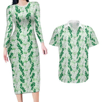 Hawaii Ti Leaf Maile Tuberose Lei Couples Matching Long Sleeve Bodycon Dress and Hawaiian Shirt With Hanalei Leaf Green LT05 Green - Polynesian Pride
