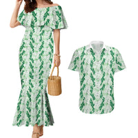 Hawaii Ti Leaf Maile Tuberose Lei Couples Matching Mermaid Dress and Hawaiian Shirt With Hanalei Leaf Green