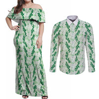Hawaii Ti Leaf Maile Tuberose Lei Couples Matching Off Shoulder Maxi Dress and Long Sleeve Button Shirt With Hanalei Leaf Green LT05 Green - Polynesian Pride
