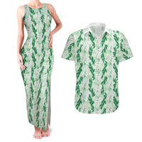 Hawaii Ti Leaf Maile Tuberose Lei Couples Matching Tank Maxi Dress and Hawaiian Shirt With Hanalei Leaf Green