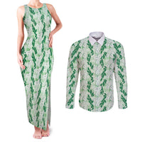 Hawaii Ti Leaf Maile Tuberose Lei Couples Matching Tank Maxi Dress and Long Sleeve Button Shirt With Hanalei Leaf Green LT05 Green - Polynesian Pride