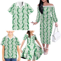 Hawaii Ti Leaf Maile Tuberose Lei Family Matching Off The Shoulder Long Sleeve Dress and Hawaiian Shirt With Hanalei Leaf Green