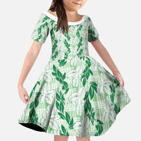 Hawaii Ti Leaf Maile Tuberose Lei Family Matching Puletasi and Hawaiian Shirt With Hanalei Leaf Green LT05 Daughter's Dress Green - Polynesian Pride