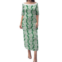 Hawaii Ti Leaf Maile Tuberose Lei Family Matching Puletasi and Hawaiian Shirt With Hanalei Leaf Green LT05 Mom's Dress Green - Polynesian Pride