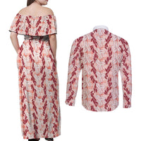 Hawaii Ti Leaf Maile Tuberose Lei Couples Matching Off Shoulder Maxi Dress and Long Sleeve Button Shirt With Hanalei Leaf Red LT05 - Polynesian Pride
