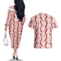 Hawaii Ti Leaf Maile Tuberose Lei Couples Matching Off The Shoulder Long Sleeve Dress and Hawaiian Shirt With Hanalei Leaf Red LT05 - Polynesian Pride