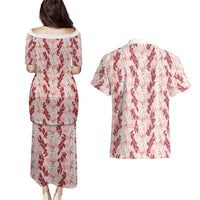 Hawaii Ti Leaf Maile Tuberose Lei Couples Matching Puletasi and Hawaiian Shirt With Hanalei Leaf Red