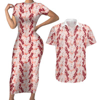 Hawaii Ti Leaf Maile Tuberose Lei Couples Matching Short Sleeve Bodycon Dress and Hawaiian Shirt With Hanalei Leaf Red LT05 Red - Polynesian Pride