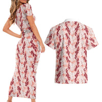 Hawaii Ti Leaf Maile Tuberose Lei Couples Matching Short Sleeve Bodycon Dress and Hawaiian Shirt With Hanalei Leaf Red LT05 - Polynesian Pride