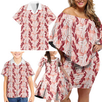 Hawaii Ti Leaf Maile Tuberose Lei Family Matching Off Shoulder Short Dress and Hawaiian Shirt With Hanalei Leaf Red