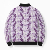 Hawaii Ti Leaf Maile Tuberose Lei Bomber Puffer Jacket With Hanalei Leaf Purple