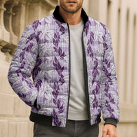 Hawaii Ti Leaf Maile Tuberose Lei Bomber Puffer Jacket With Hanalei Leaf Purple