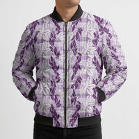 Hawaii Ti Leaf Maile Tuberose Lei Bomber Puffer Jacket With Hanalei Leaf Purple